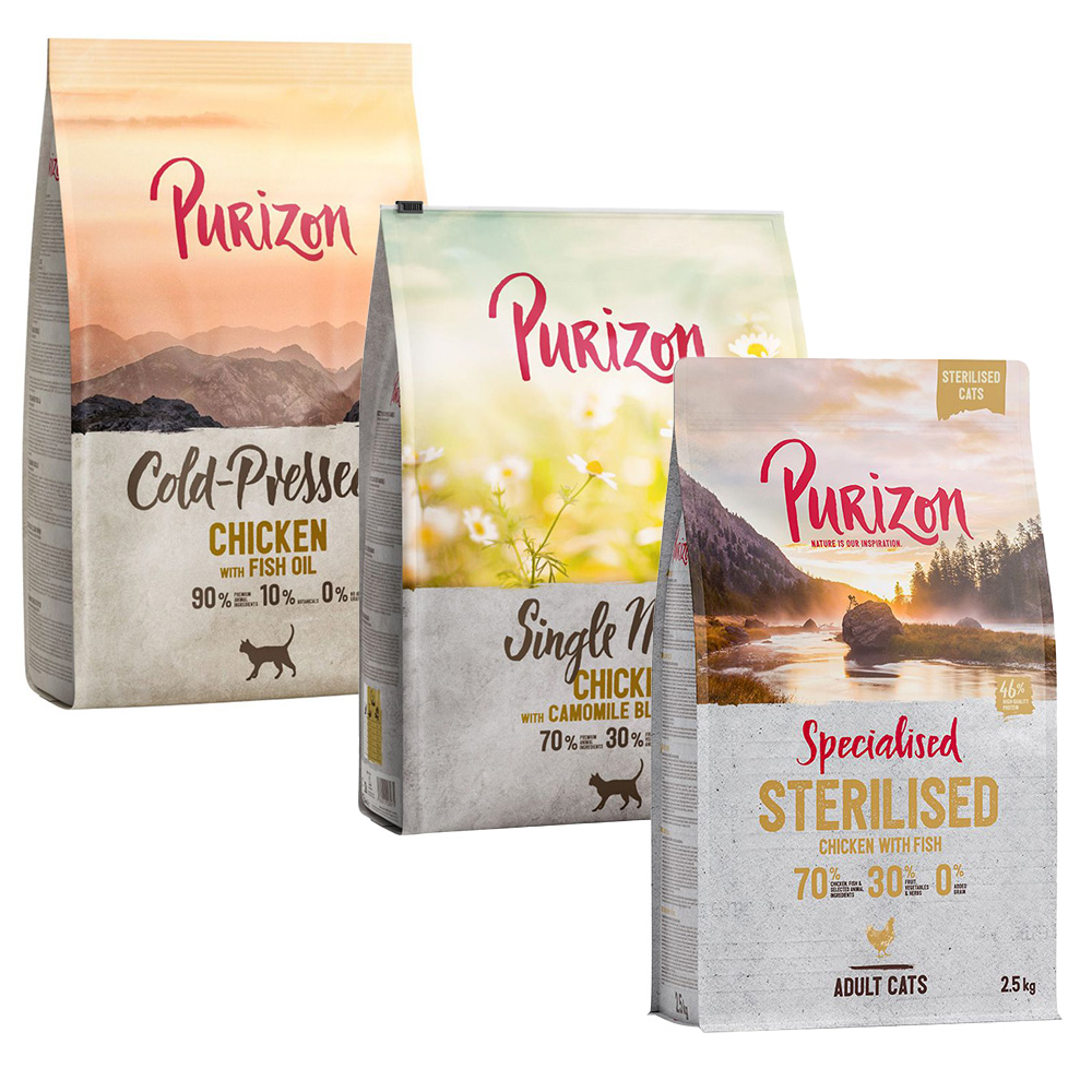 Gemischtes Sparpaket Purizon 3 x 2,5 kg - Sterilised Huhn & Fisch, Kaltgepresst Huhn, Single Meat Huhn von Purizon