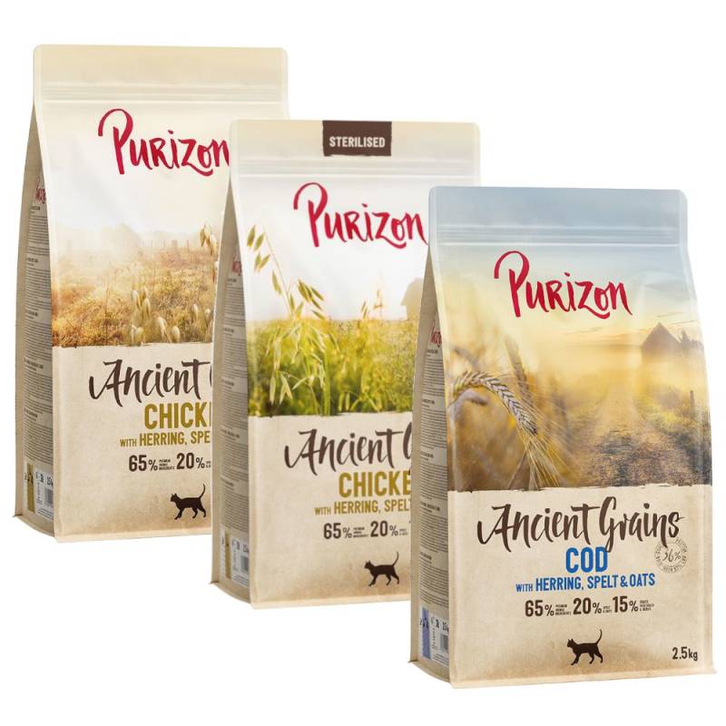 Gemischtes Sparpaket Purizon 3 x 2,5 kg - Urgetreide Mix: Huhn mit Fisch / Sterilised Huhn mit Fisch / Kabeljau Gemischtes Sparpaket Purizon 3 x 2,5 kg - Urgetreide Mix: Huhn mit Fisch / Sterilised Huhn mit Fisch / Kabeljau von Purizon