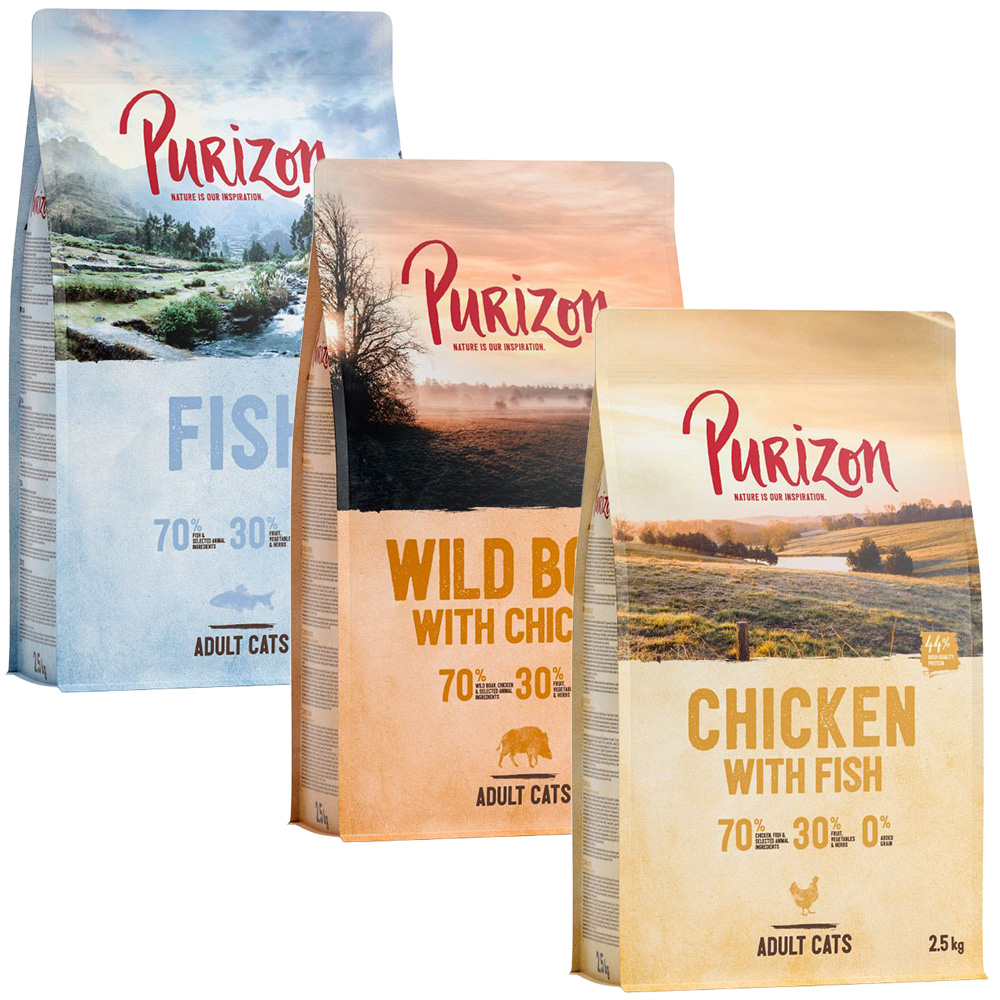 Gemischtes Sparpaket Purizon 3 x 2,5 kg zum Probierpreis - Huhn & Fisch / Fisch / Wildschwein & Huhn von Purizon