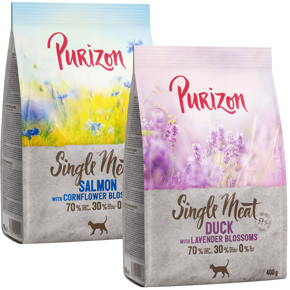 Probiermix Purizon 2 x 400 g  - Single Meat Mix Ente mit Lavenderblüten + Lachs mit Kornblumenblüten von Purizon