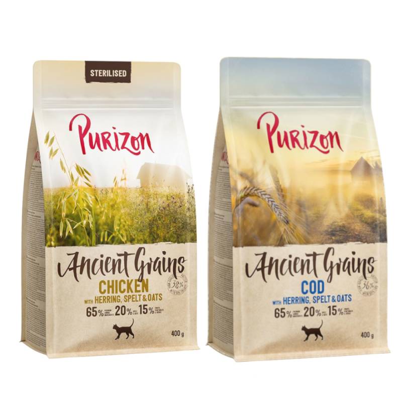 Probiermix Purizon 2 x 400 g  - Urgetreide Mix: Adult Cod Kabeljau  + Sterilised Huhn mit Fisch von Purizon