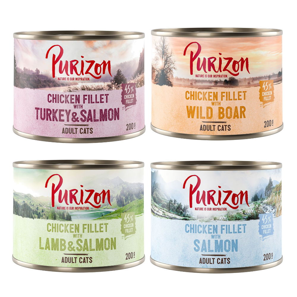 Purizon Adult 12 x 200 g - getreidefrei - Mixpaket (4 x Lachs, 4 x Wildschwein, 2 x Lamm&Lachs, 2 x Pute & Lachs) von Purizon