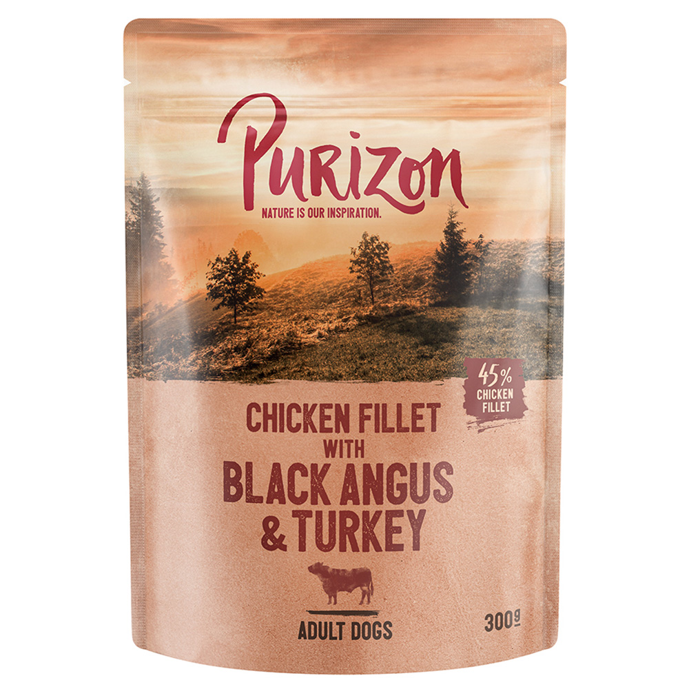 Sparpaket Purizon Adult 24 x 300 g - Hühnerfilet mit Black Angus & Truthahn, Süßkartoffel und Cranberry von Purizon