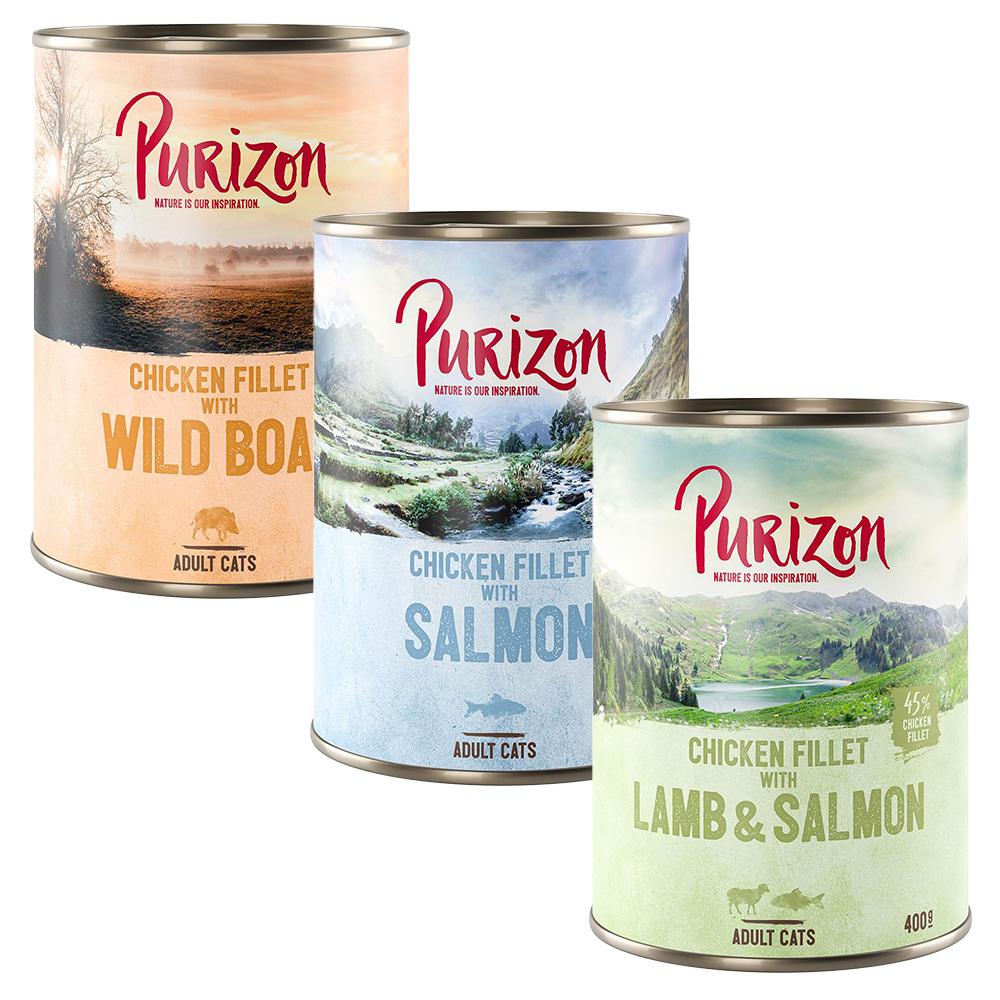 Purizon Adult 24 x 400 g - getreidefrei - Mixpaket (12 x Lachs, 6 x Wildschwein, 6 x Lamm) von Purizon