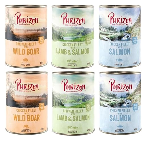 Purizon Adult Mixpaket | 3 Sorten: Wildschewin, Lachs, Lamm | Katzenfutter nass | getreidefrei | 6 x 400 g von Purizon
