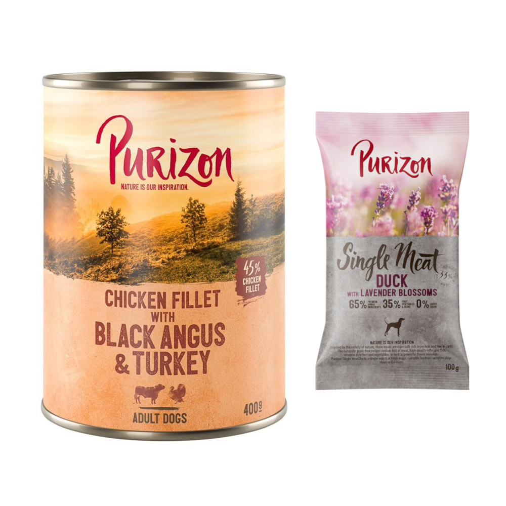 Purizon Kombi-Paket: 400 g Nassfutter + 100 g Trockenfutter - Original Black Angus mit Truthahn + Single Meat Ente mit Lavendelblüten von Purizon