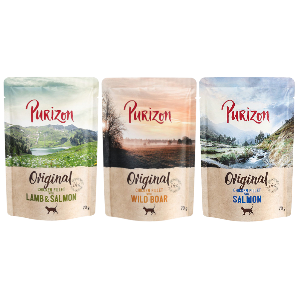 Purizon Original Adult 24 x 70 g - getreidefrei - Mixpaket (12 x Lachs, 6 x Lachs & Lamm, 6 x Wildschwein) von Purizon
