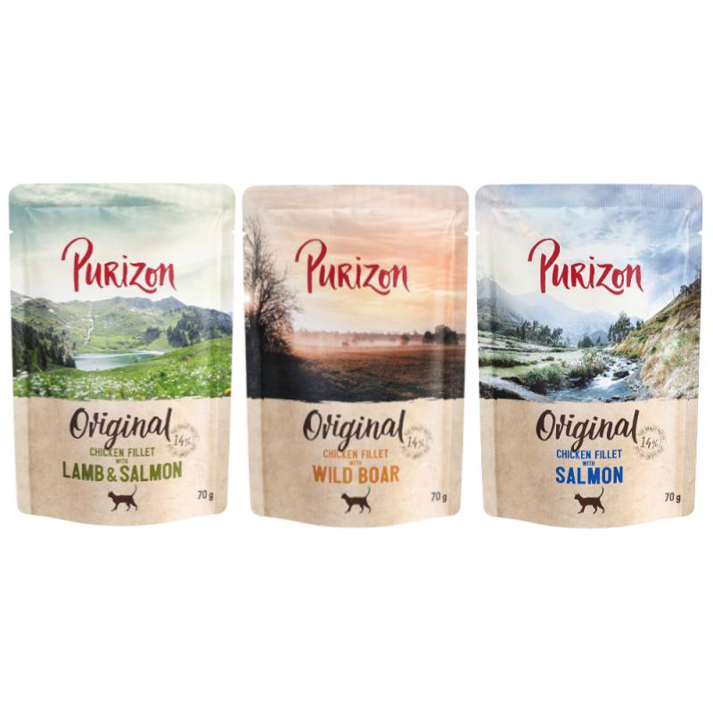 Purizon Original Adult 24 x 70 g - getreidefrei - Mixpaket (12 x Lachs, 6 x Lachs & Lamm, 6 x Wildschwein) von Purizon