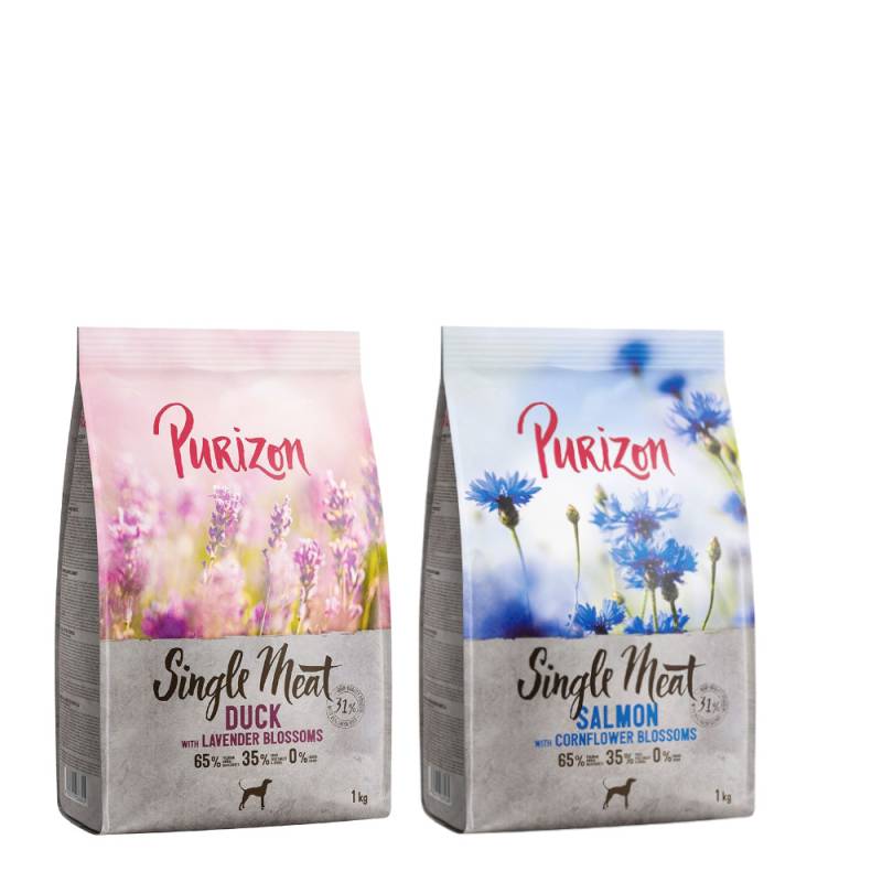 Purizon Probierpaket 2 x 1 kg - Single Meat: Lachs mit Kornblumenblüten, Ente mit Lavendelblüten von Purizon