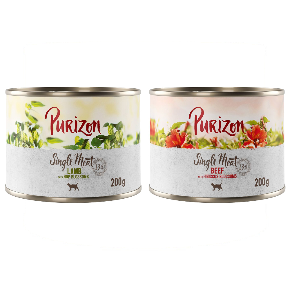 Purizon Single Meat 12 x 200 g - Mix: 6x  Rind mit Hibiskusblüten, 6x Lamm mit Hopfenblüten von Purizon