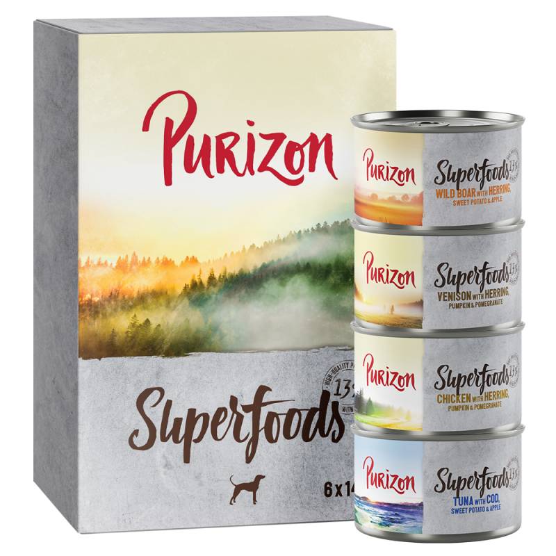 Purizon Superfoods 12 x 140 g - Mixpaket (4xHuhn, 4xThunfisch, 2xWildschwein, 2xWild) von Purizon