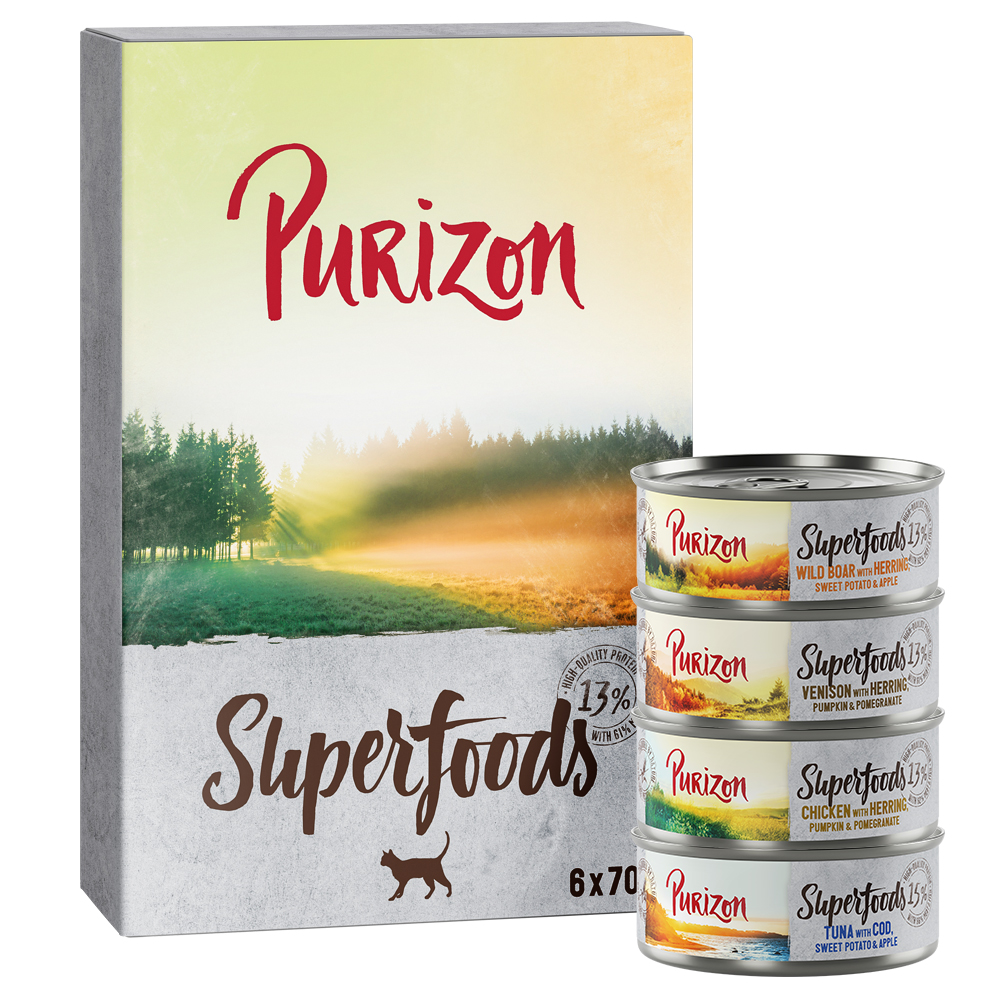Purizon Superfoods 12 x 70 g - Mixpaket (4xHuhn, 4xThunfisch, 2xWildschwein, 2xWild) von Purizon