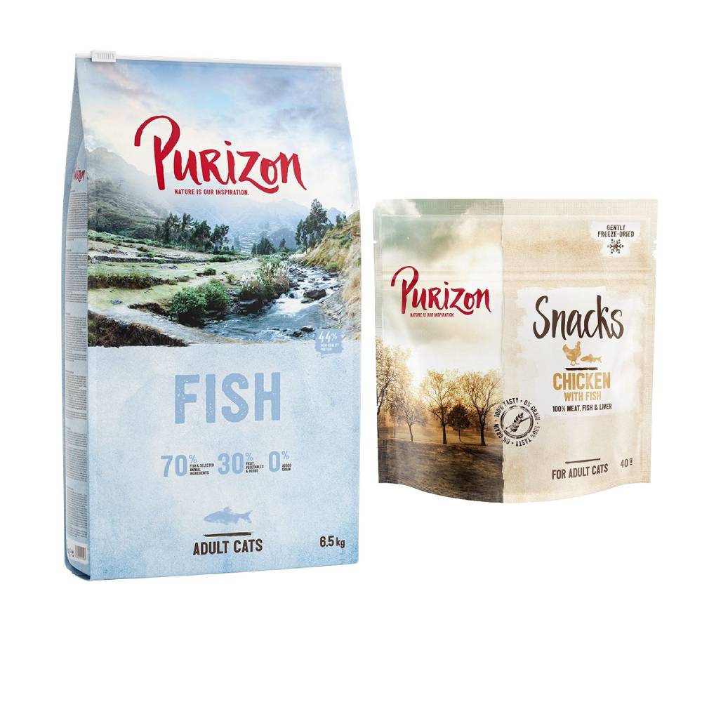 Purizon getreidefrei Kombi-Paket: 6,5 kg Trockenfutter + 3 x 40 g Snack - Original Fisch + Huhn mit Fisch Purizon getreidefrei Kombi-Paket: 6,5 kg Trockenfutter + 3 x 40 g Snack - Original Fisch + Huhn mit Fisch von Purizon
