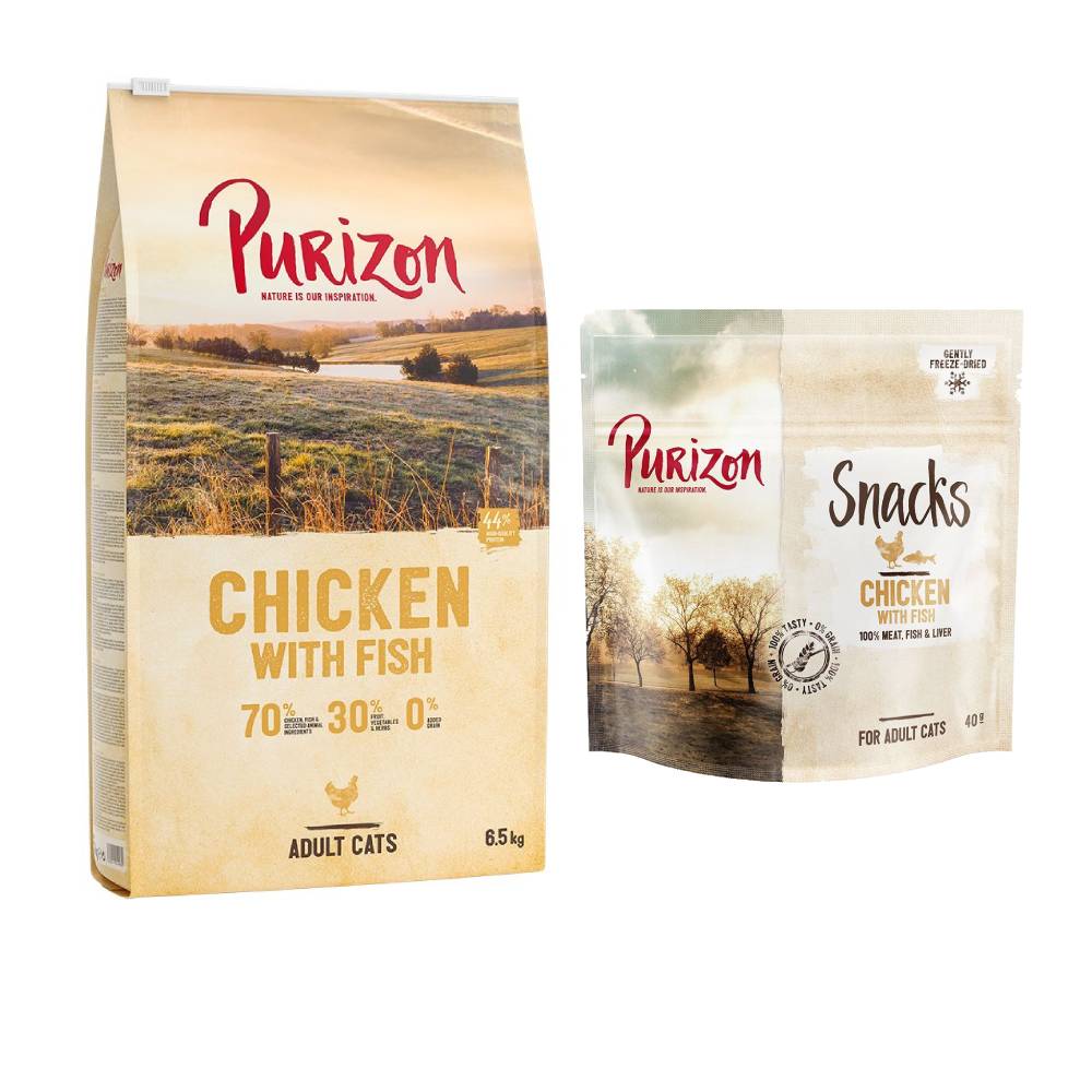 Purizon getreidefrei Kombi-Paket: 6,5 kg Trockenfutter + 3 x 40 g Snack - Original Huhn & Fisch + Huhn mit Fisch von Purizon