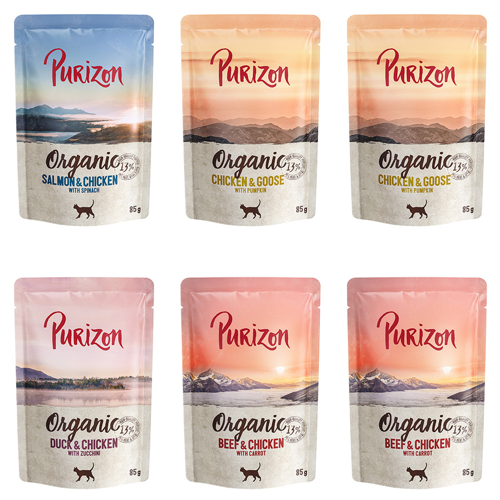 Sparpaket Purizon Organic 12 x 85 g - Mixpaket (4xHuhn, 4xRind, 2xLachs, 2xEnte) von Purizon