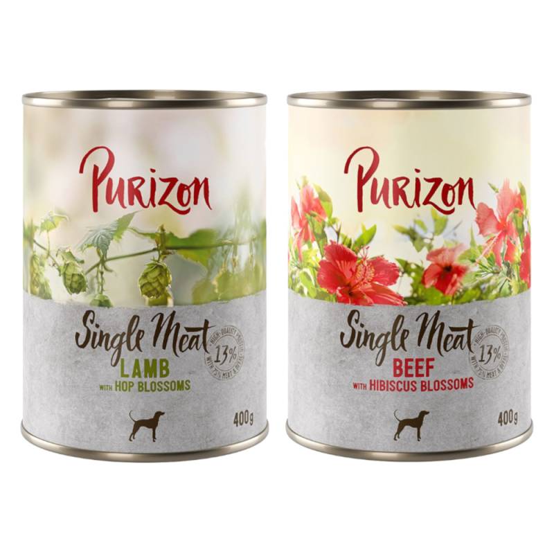 Sparpaket Purizon Single Meat 12 x 400 g - Mix: 6x Rind mit Hibiskusblüten, 6x Lamm mit Hopfenblüten von Purizon
