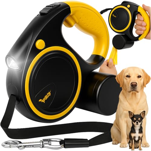 Hunde-Flexileine mit LED-Licht & Kotbeutelspender – 5m Automatikleine für mittelgroße Hunde 10–25kg – ergonomischer Griff, Stopp-Funktion & rutschfeste Gurtbandrolle – PURLOV von Purlov