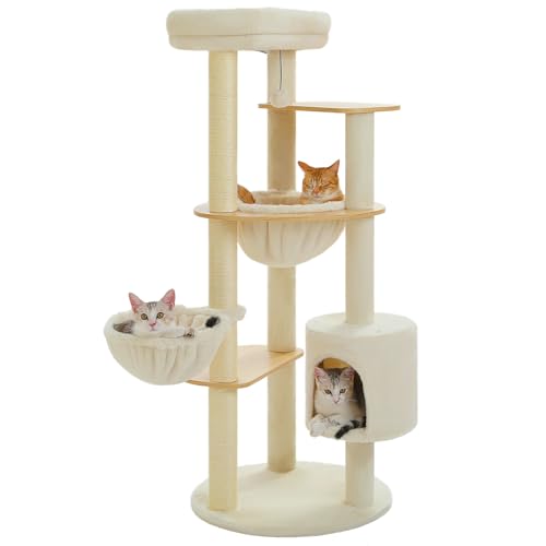 Purpurra 136cm Katzenbaum, mehrstufiger Katzenturm für Hauskatzen, Katzenkletterbaum-Condo mit Sisal überzogenen Kratzpfosten, tiefer Hängematte und interaktivem Katzenspielzeug von PurpurRain