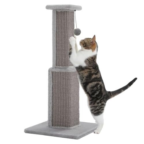 Purpurra Großer Katzenkratzbaum, 81 cm hoher Kratzbaum für ausgewachsene Hauskatzen. Ultimativer Kratzbaum mit gewebtem Sisal, großer Basis und abnehmbarem baumelnden Ball (Grau) von PurpurRain