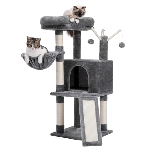 Purpurra Katzenbaum 105cm, mehrstufiger Katzenturm für Hauskatzen, Katzenkletterbaum-Condo mit Sisal überzogenen Kratzpfosten, tiefer Hängematte und interaktivem Katzenspielzeug, Grau (Grau) von PurpurRain