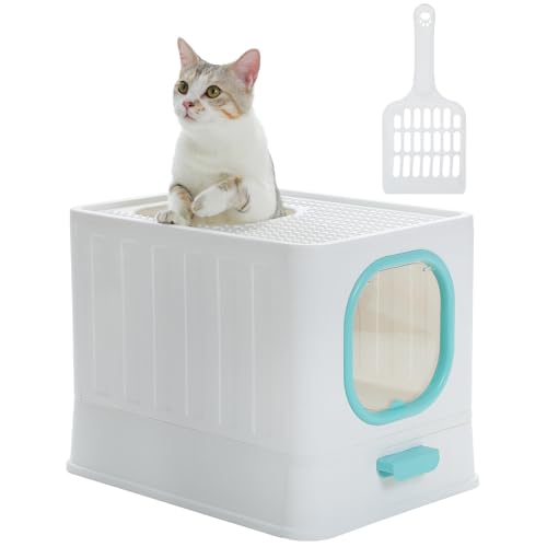 PurpurRain Katzentoilette mit Deckel für kleine und mittelgroße Katzen, Kätzchenstreu, leicht zu reinigen, kein Geruch, Schubladentyp mit Vordertür Cat Litter Tray (Blau) von PurpurRain