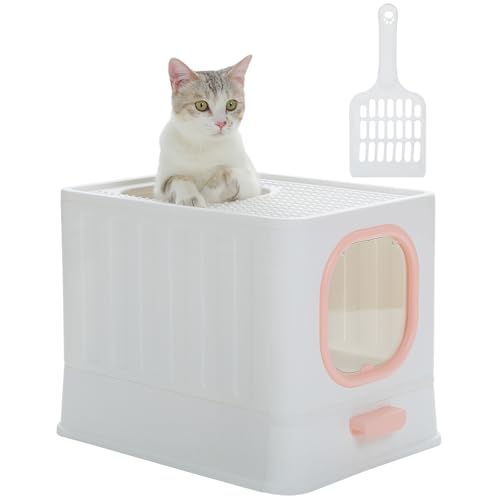 PurpurRain Katzentoilette mit Deckel für kleine und mittelgroße Katzen, Kätzchenstreu, leicht zu reinigen, kein Geruch, Schubladentyp mit Vordertür Cat Litter Tray (Rosa) von PurpurRain