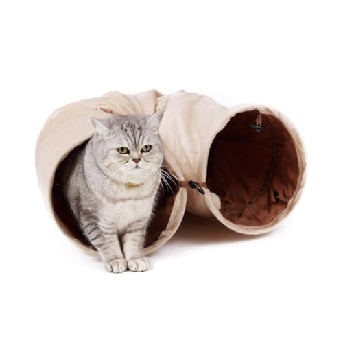 Purpurra Katzentunnel extralang faltbar Katzenspielzeug Rascheltunnel Spieltunnel 116cm mit 4 Eingängen und Spielball (Beige) von PurpurRain