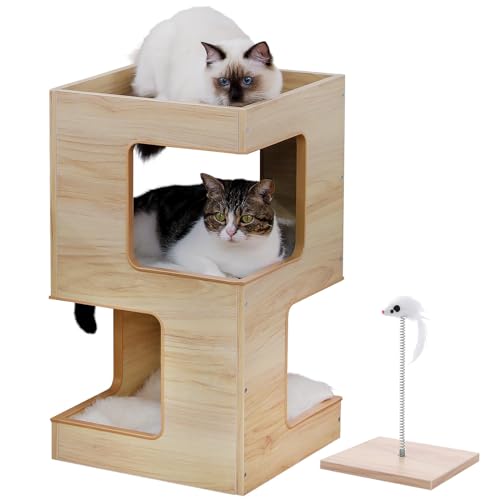 PurpurRain Kleiner moderner Katzenbaum für Indoor-Katzen, 59,9 cm Holz-Katzenmöbel, Katzenturm mit kostenlosem Katzenspielzeug, Kratzunterlage und abnehmbaren weichen Matten für Kätzchen (Beige) von PurpurRain