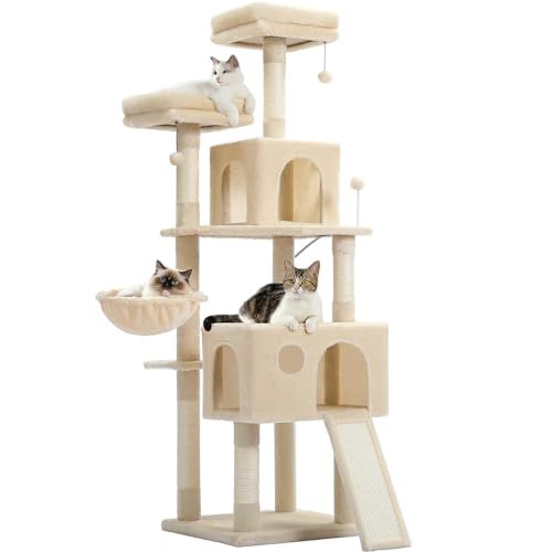 Purpurra Kratzbaum für große Katzen, 143 cm, mehrstöckiger Katzenturm mit Sisal-Kratzstämmen, super große Hängematte (50,8 x 43,2 cm) und obere Katzen-Sitzstange für schwere Katzen (Grau) (Beige) von PurpurRain