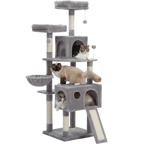 Purpurra Kratzbaum für große Katzen, 143 cm, mehrstöckiger Katzenturm mit Sisal-Kratzstämmen, super große Hängematte (50,8 x 43,2 cm) und obere Katzen-Sitzstange für schwere Katzen (Grau) (Grau) von PurpurRain
