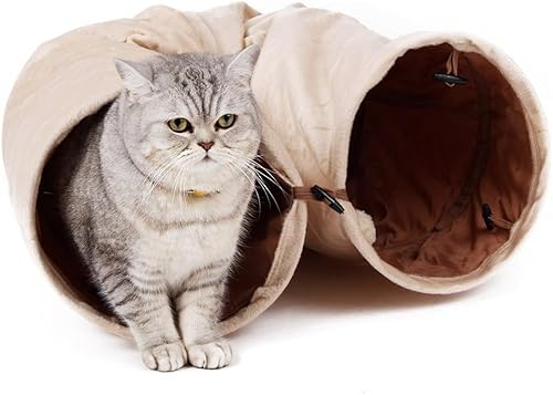 Purpurra Katzentunnel extralang faltbar Katzenspielzeug Rascheltunnel Spieltunnel 116cm mit 4 Eingängen und Spielball (Beige) von Purpurra