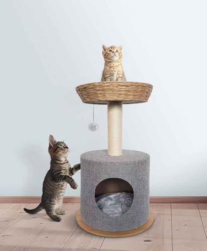 Purpurra Kratzbaum mit Höhle und Schlafkorb, 75 cm, Grau, mit Sisal-Kratzsäule und Spielball von Purpurra