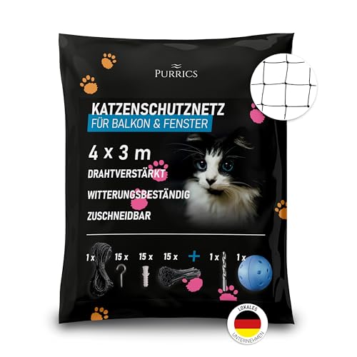 Purrics Katzennetz drahtverstärkt - 4x3m - Katzennetz Balkon - schwarz - Katzennetz für Balkon ohne Bohren - inklusive Befestigungsset - inklusive Bohrer - inklusive Spielzeug von Purrics