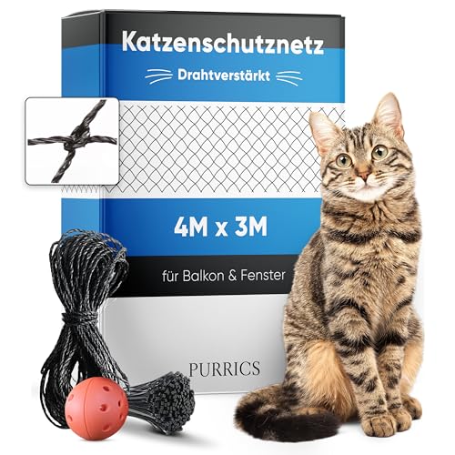 Purrics Katzennetz drahtverstärkt - 4x3m - Katzennetz Balkon - schwarz - Katzennetz für Balkon ohne Bohren - inklusive Befestigungsset - inklusive Bohrer - inklusive Spielzeug von Purrics