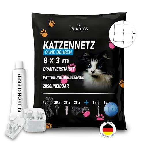 Purrics Katzennetz für Balkon ohne Bohren – Inkl. 75 Klebehaken & Silikonkleber – 8x3m – Katzennetz drahtverstärkt – bissfest & wetterfest – Katzenschutznetz für Fenster & Terrasse - schwarz von Purrics