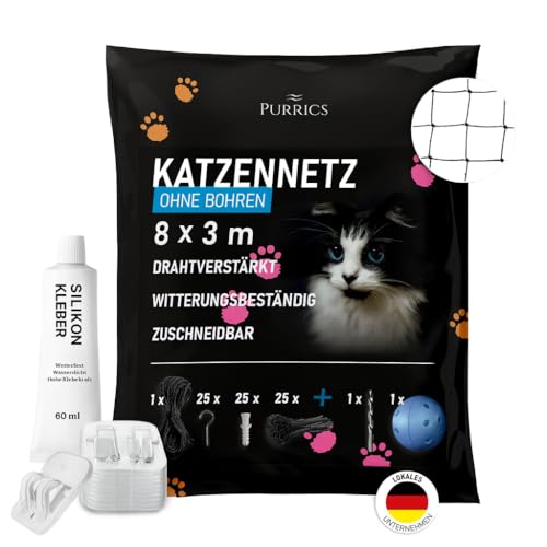 Purrics Katzennetz für Balkon ohne Bohren inkl. Klebehaken & Silikonkleber I Robustes Katzennetz drahtverstärkt & wetterfest I Einfach mit dem Katzennetz Balkon, Fenster & Terrasse sichern (3x8m) Purrics Katzennetz für Balkon ohne Bohren inkl. Klebehaken & Silikonkleber I Robustes Katzennetz drahtverstärkt & wetterfest I Einfach mit dem Katzennetz Balkon, Fenster & Terrasse sichern (3x8m) von Purrics