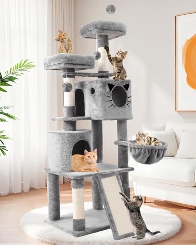 XL Großer Kratzbaum Mehrstöckiger Katzenturm mit Sisal-Kratzstämmen, Plüschhöhlen und Hängematte (Hellgrau) von Purrlato