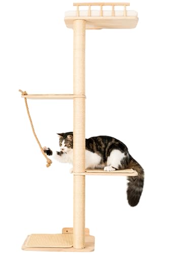 PURRLIS - Wand-Kratzbaum aus Naturholz | Kletterturm 132 cm mit Kratzstange, breite Plattformen & Sitzstange | Design-Wandregal mit Kissen, Matte & Kratzbaum für Katzen von Purrlis
