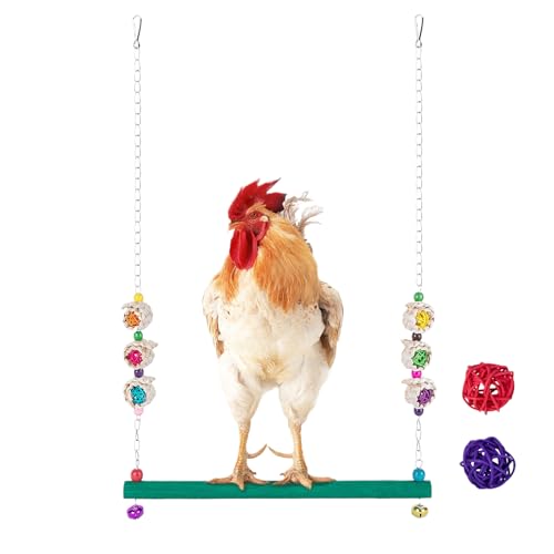 Puwaiio Hühnerschaukel mit Glocke, Hühnerstallspielzeug mit 2 Rattan-Kugeln, Papageienschaukel aus Holz zur Bereicherung, Ruhespiel, Henne, Mynah, Nymphensittiche, Finken, Hahn, Geflügel von Puwaiio