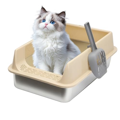 Puwaiio Katzentoilette aus Edelstahl, halbgeschlossene Katzentoilette, Edelstahlpfanne mit Schaufel, Kätzchentoilette, Haustierbedarf für Zuhause, Wohnzimmer, Geschäft, Bauernhaus, Wohnung von Puwaiio