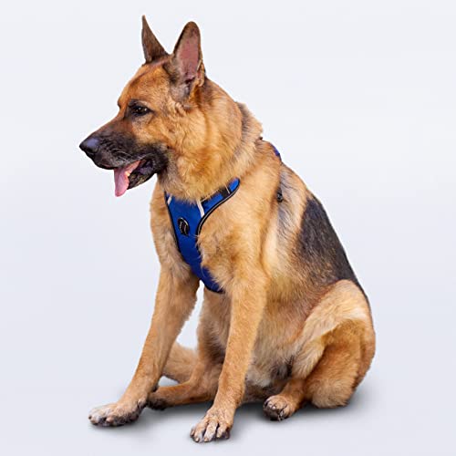 Puwihoe Hundegeschirr, kein Ziehen, reflektierend, mit einfachem Griff und Clips vorne und hinten, verstellbar, atmungsaktiv, weich gepolstert, für Deutscher Schäferhund, blau, XL von Puwihoe