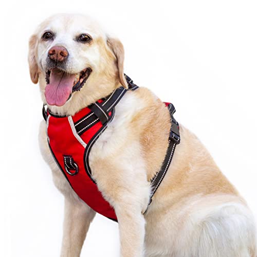 Puwihoe Hundegeschirr, kein Ziehen, reflektierend, mit einfachem Griff und Clips vorne und hinten, verstellbar, atmungsaktiv, weich gepolstert, für Labrador, Hunde, Rot, L von Puwihoe