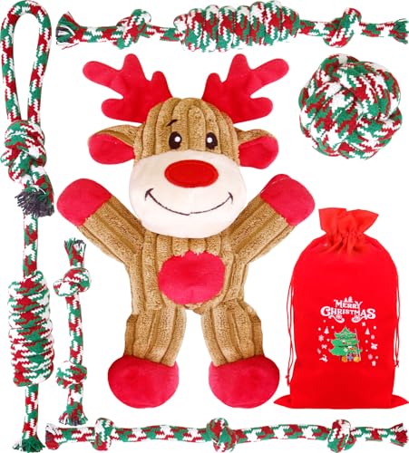 Weihnachts-Hundespielzeug, 7 Stück, Seilspielzeug mit bezauberndem Quietsch-Plüschtier, interaktives Hundespielzeug, robustes Kauspielzeug für Hunde, Weihnachtsgeschenke für kleine und mittelgroße Weihnachts-Hundespielzeug, 7 Stück, Seilspielzeug mit bezauberndem Quietsch-Plüschtier, interaktives Hundespielzeug, robustes Kauspielzeug für Hunde, Weihnachtsgeschenke für kleine und mittelgroße von Pweituoet