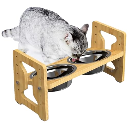 Raised Dog Bowl, Adjustable with Tilted Stainless Steel, Ergonomic Wooden Base Anti-Slip Design Includes 1 Raised Stand & 2 Removable Bowls; Puppies, Eating and Drinking von Pzuryhg