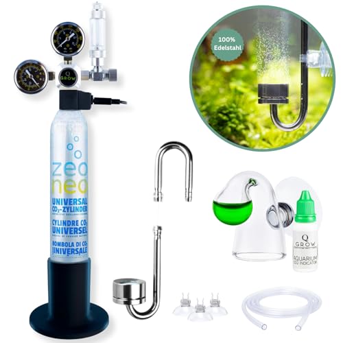 Q-Grow CO2 Anlage Aquarium Komplettset – einfach und universell - Inkl. Edelstahl Diffusor, Dauertest, Druckminderer, 425g CO2 Flasche,bis 500L von Q Grow Innovative Aqua Tools