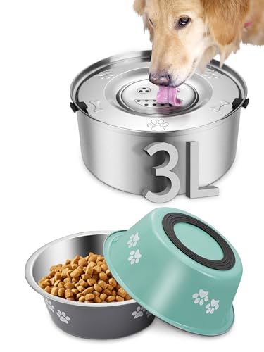 Wassernapf Hund Ohne Sabbern 3L, Trinknapf Hund Anti Schlabber mit 2 Stück Hundenäpfe, Hundewassernapf Edelstahl mit Rutschfester Boden, Auslaufsicherer Hundenapf, Spülmaschinenfest von QANIUOS