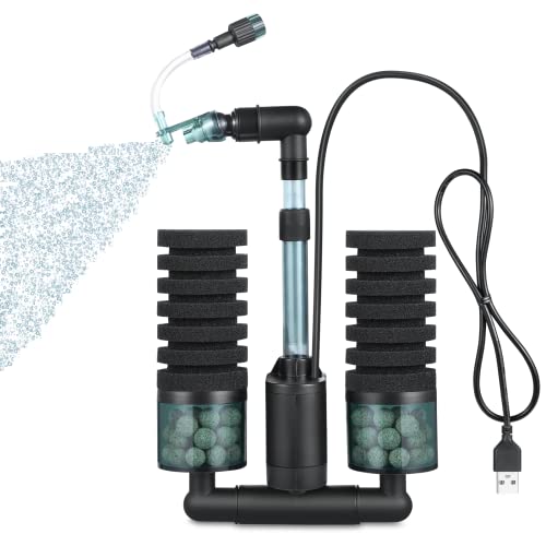 QANVEE Elektrischer Blasenschwammfilter für Aquarien, mit ultra-leiser USB-betriebener Wasserpumpe und Keramikkugeln für Fischgarnelenzucht, pflanzliches Aquarium (Filter S (6–30 Gallonen) von QANVEE
