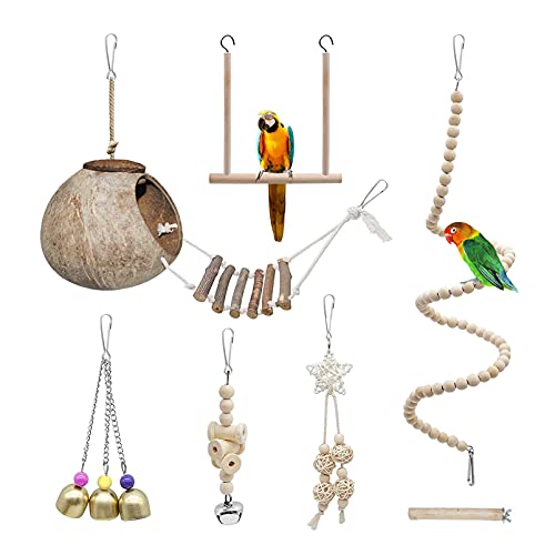 AGSYFFD Set mit 7 Papageienspielzeug,wellensittich spielzeug , Hängeschaukel mit Leiter, Kletterhängematte, Kokosnuss-Vogelkäfig, Kauspielzeug aus Holz von AGSYFFD