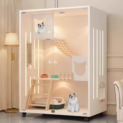 Katzenkäfig, Catio-Katzengehege for den Innenbereich, Katzenlaufstall mit oberer Abdeckung, Katzengehege for den Innenbereich mit Rädern und Nachtlicht for Kleintiere(White) von QBGJDOGE