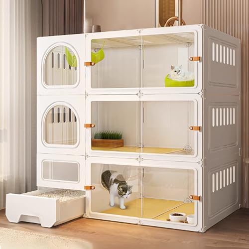 Katzenkäfig, Catio-Katzengehege for den Innenbereich, geschlossener Katzenlaufstall, Katzenkiste mit geschlossener Katzentoilette for Frettchen, Chinchilla, Kaninchen, Kleintiere(White,106x46x106cm) von QBGJDOGE